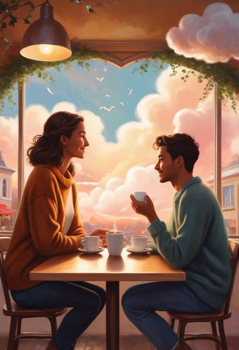 A warm, inviting illustration depicting two friends sharing a deep conversation over coffee, surrounded by heart-shaped clouds symbolizing love and trust. Incorporate elements of connection, like intertwined vines or glowing light to convey intimacy. A subtle background of a cozy café setting enhances the vibe of friendship. soft focus. vibrant colors. warm tones.