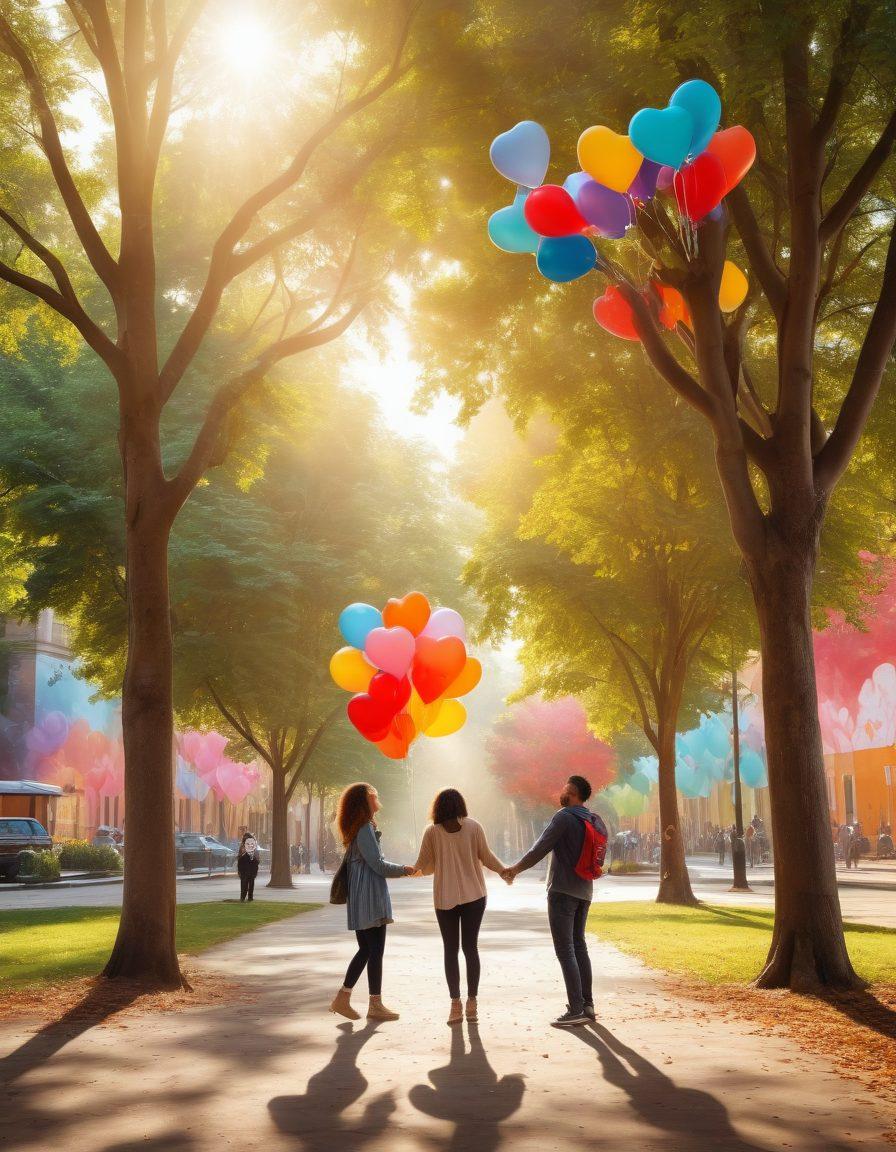 A vibrant scene of diverse people in a park, joyfully interacting with each other, symbolizing love and friendship. Include heart-shaped balloons floating in the air and a community mural in the background depicting unity. Enhance the ambiance with soft sunlight filtering through trees, casting a warm glow. Artistic touch of playfulness and warmth. super-realistic. vibrant colors. cheerful atmosphere.