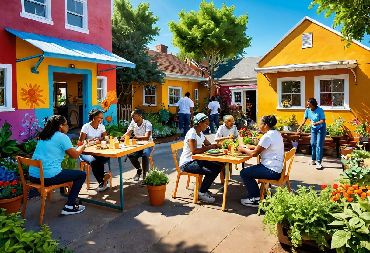 An inviting scene of diverse people engaging in various community activities, like gardening, sharing stories, and cooking together, surrounded by colorful murals that symbolize unity. Include a bright sun shining down, creating a warm and welcoming atmosphere, representing the essence of togetherness. super-realistic. vibrant colors. 3D.